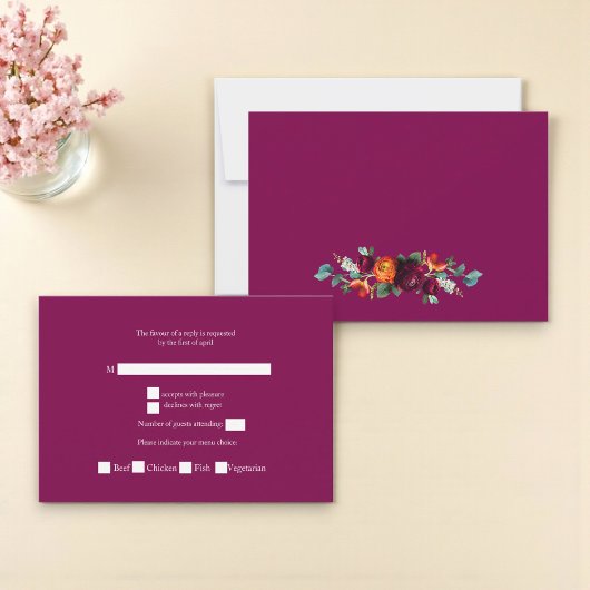 Chic deep pink Botanical Wedding Response Card RSVP Kaartje