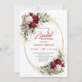 Chic Deep Red Floral Gold Bridal Shower Invitation Kaart (Voorkant)