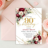 Chic Deep Red Gold Roses 90th Birthday Invitation  Kaart