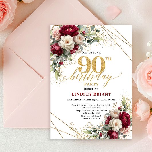 Chic Deep Red Gold Roses 90th Birthday Invitation  Kaart