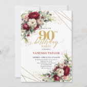 Chic Deep Red Gold Roses 90th Birthday Invitation  Kaart (Voorkant)