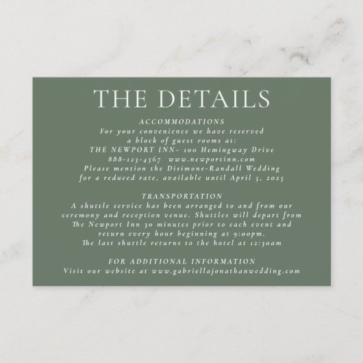 Chic Deep Sage Wedding Details Kaart (Voorkant)