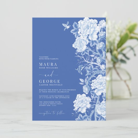 Chic Delft Blue Chinoiserie Flower Garden Wedding Kaart (Staand voorkant)