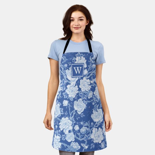 Chic Delft Blue White Chinoiserie Flower Monogram Schort (Gedragen)