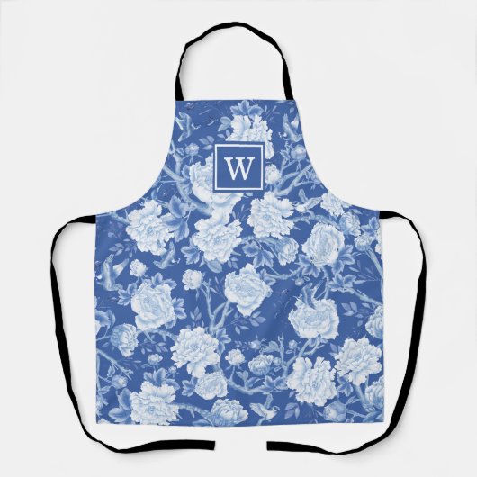 Chic Delft Blue White Chinoiserie Flower Monogram Schort (Voorkant)