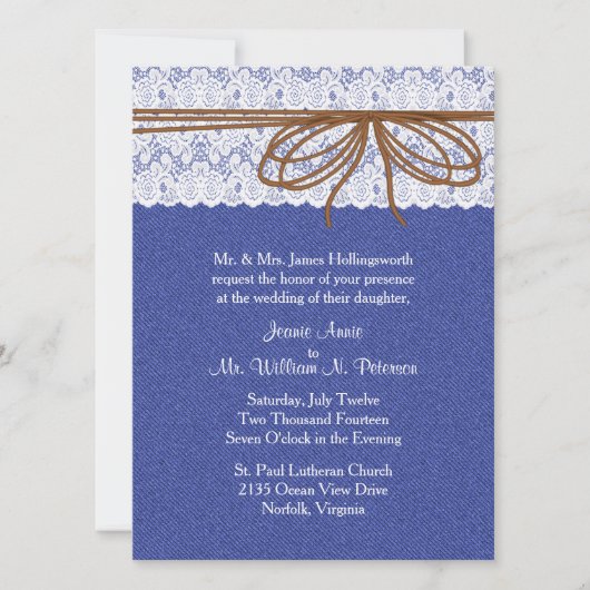 Chic Denim en Lace Wedding Invitation Kaart (Voorkant)