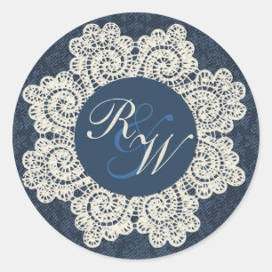 Chic Denim & Ivory Lace Monogram Weddenschap Ronde Sticker