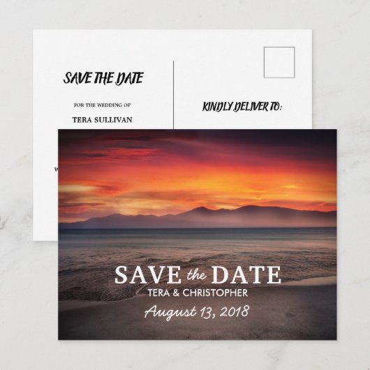 Chic Destination Sunset Beach Bewaar de datum Aankondigingskaart (Voorkant / Achterkant)