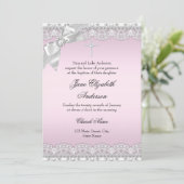 Chic diamanten kant roze doop uitnodiging (Staand voorkant)