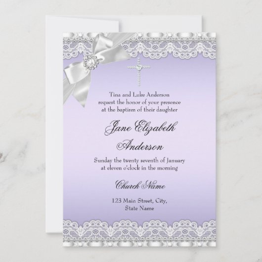 Chic Diamond Lace Paars Baptism Invite Kaart (Voorkant)