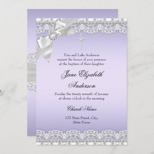 Chic Diamond Lace Paars Baptism Invite Kaart (Voorkant / Achterkant)