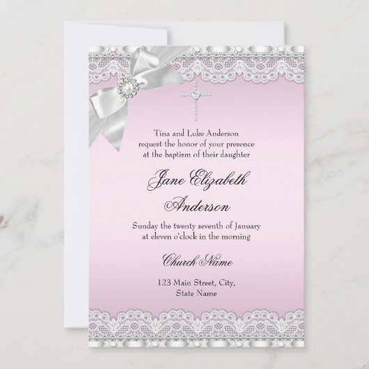 Chic Diamond Lace Pink Baptism Invite Kaart (Voorkant)