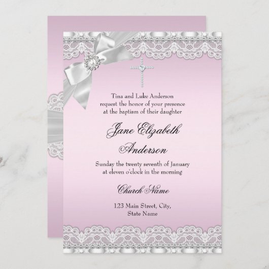Chic Diamond Lace Pink Baptism Invite Kaart (Voorkant / Achterkant)
