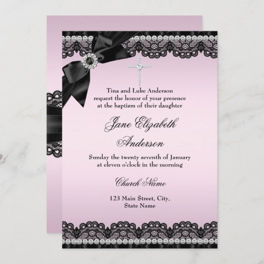 Chic Diamond Lace Pink Baptism Invite Kaart (Voorkant / Achterkant)