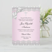 Chic Diamond Lace Pink Baptism Invite Kaart (Staand voorkant)