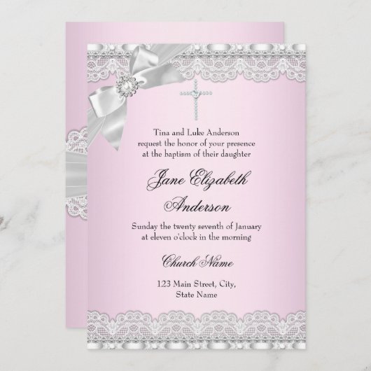 Chic Diamond Lace Pink Baptism Invite Kaart (Voorkant / Achterkant)