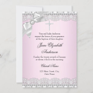 Chic Diamond Lace Pink Baptism Invite Kaart