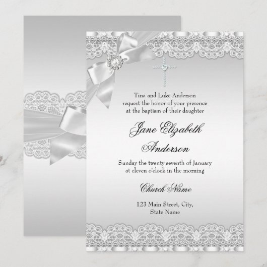 Chic Diamond Lace Silver Baptism girl/jongen Kaart (Voorkant / Achterkant)
