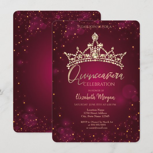 Chic Diamonds Crown Burgundy Quinceañera Kaart (Voorkant / Achterkant)