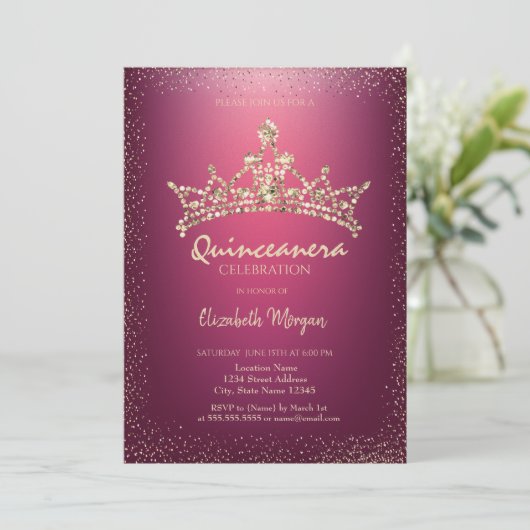 Chic Diamonds Crown Red Quinceañera Kaart (Staand voorkant)