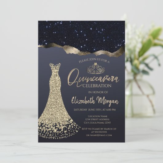 Chic Diamonds Dress, Gold Tiara, Black Glitter Kaart (Staand voorkant)