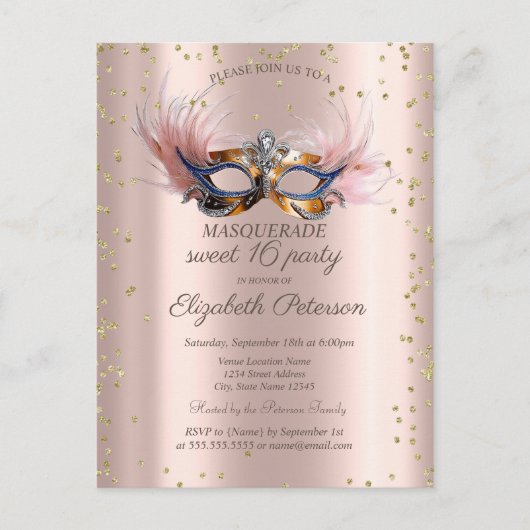 Chic Diamonds Rose Gold Masquerade Sweet 16 Uitnodiging Briefkaart (Voorkant)