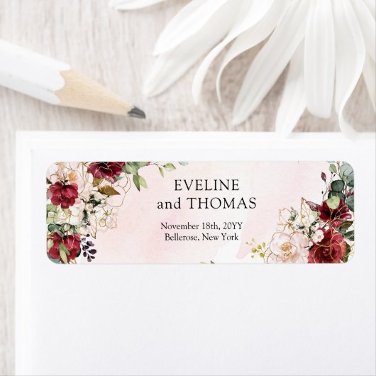 Chic diep rood merlot goud geometrische bruiloft etiket (Insitu)