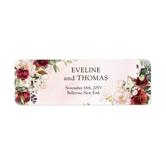 Chic diep rood merlot goud geometrische bruiloft etiket (Voorkant)