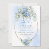 Chic Digital Blue Floral Eucalyptus Gold Sweet 16 Kaart (Voorkant)