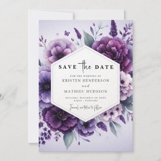 Chic Digitale Paarse Bloemen Huwelijk Save The Date (Voorkant)