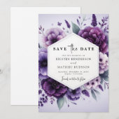 Chic Digitale Paarse Bloemen Huwelijk Save The Date (Voorkant / Achterkant)