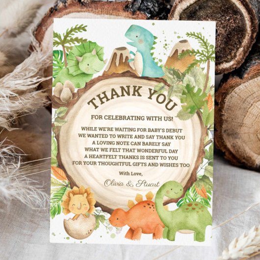 Chic Dinosaur Boy Baby shower Greenery Chevron Bedankkaart