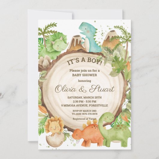 Chic Dinosaur Boy Baby shower Greenery Chevron Kaart (Voorkant)