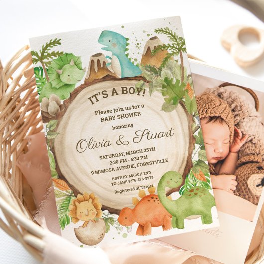 Chic Dinosaur Boy Baby shower Greenery Chevron Kaart