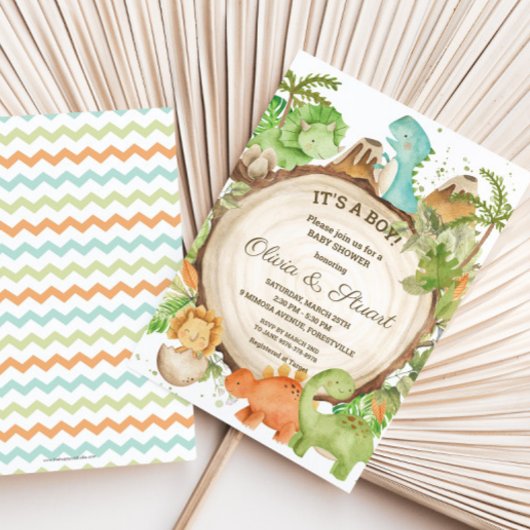 Chic Dinosaur Boy Baby shower Greenery Chevron Kaart