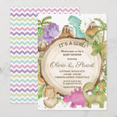 Chic Dinosaurs Girl Baby shower Greenery Chevron Kaart (Voorkant / Achterkant)