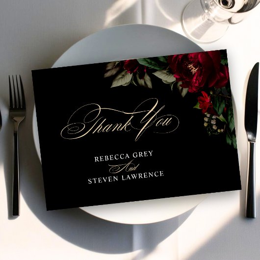 Chic donker gothic groen rood bloemen moody bruilo bedankkaart