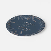 Chic Donkerblauw & Roos Gold Foliage Wedding Papieren Bordje (Gekanteld)