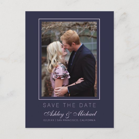 Chic Donkerblauw Roze Save the Date Verloving Foto Aankondigingskaart (Voorkant)
