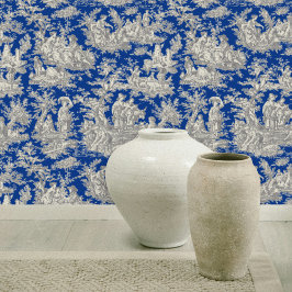 Chic  donkerblauw toile de jouy bedrukt behang