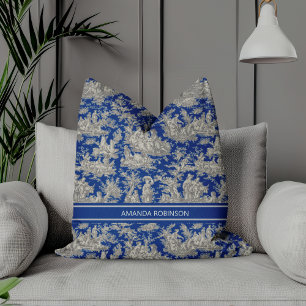 Chic donkerblauw toile de jouy bedrukt kussen
