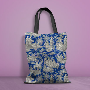 Chic donkerblauw toile de jouy bedrukt tote bag