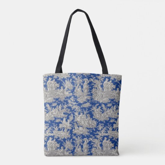 Chic  donkerblauw toile de jouy bedrukt tote bag (Achterkant)