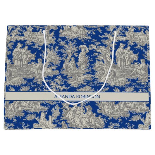 Chic donkerblauw toile de jouy groot cadeauzakje (Voorkant)