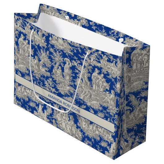 Chic  donkerblauw toile de jouy groot cadeauzakje (Voorkant Gekanteld)