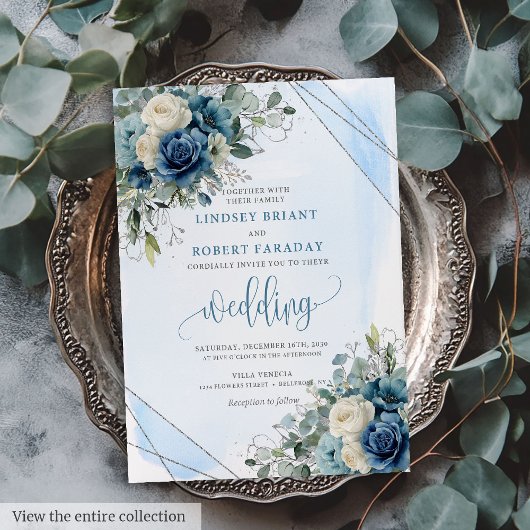 Chic Donkerblauw Wit Zilver Huwelijksuitnodiging Kaart