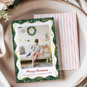 Chic Donkergroen Botanische Kerst 1 Foto Feestdagenkaart