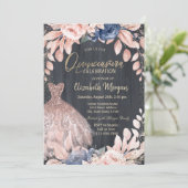 Chic Dress, Blue Flowers, Roos Gold Quinceanera Kaart (Staand voorkant)