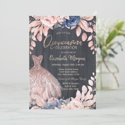 Chic Dress, Blue Flowers, Roos Gold Quinceanera Kaart (Staand voorkant)