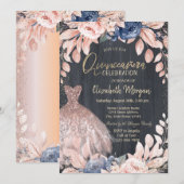 Chic Dress, Blue Flowers, Roos Gold Quinceanera Kaart (Voorkant / Achterkant)